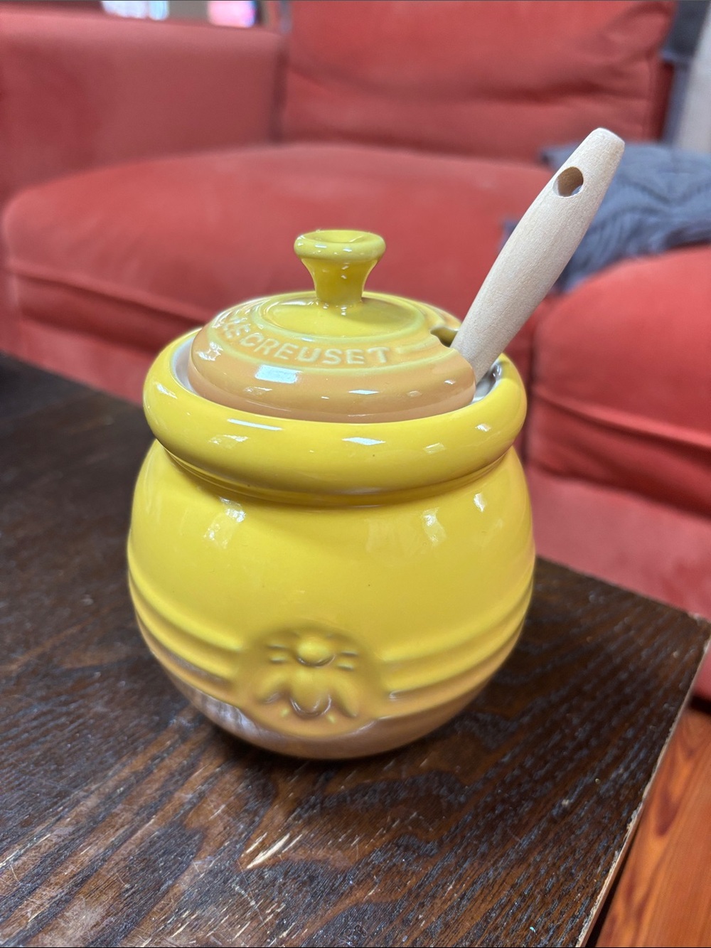 Le Creuset Bright Yellow Stoneware Honey Jar with Wooden Spoon